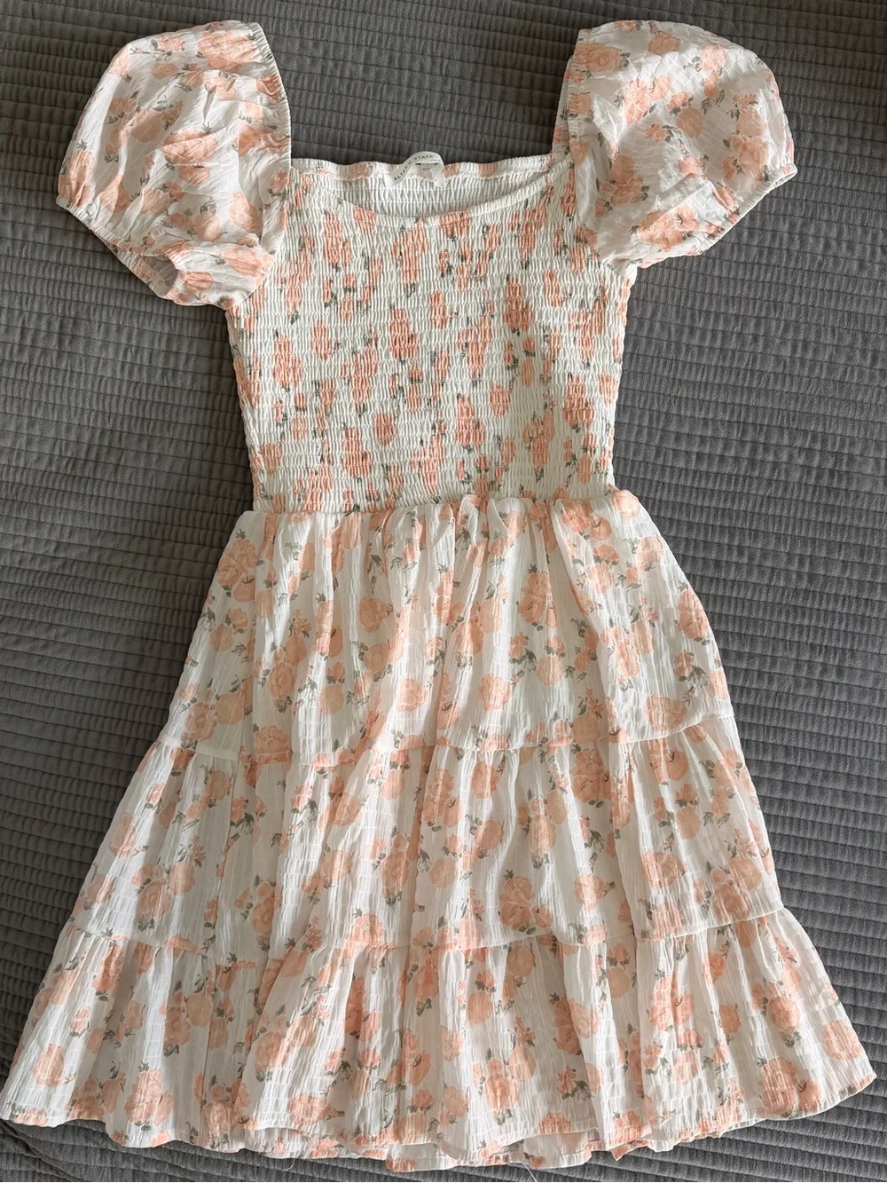 Altar'd State White & Peach Floral Smocked Puff-Sleeve Mini Dress - Picture 1 of 4